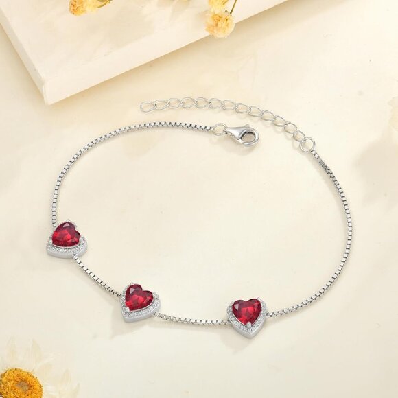 Love Heart Sterling Silver Ruby Birthstone Link Bracelet for Women - Picture 4 of 6